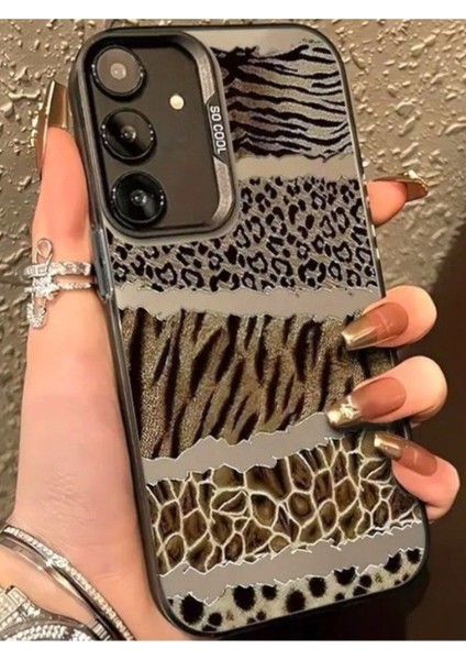 Samsung Galaxy S24 PLUS/S25 Plus Uyumlu Kılıf Leopar Desenli Kahverengi Çizgili Metalik Tuşlu Kapak