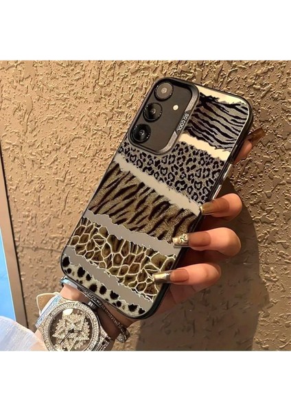 Samsung Galaxy S24 PLUS/S25 Plus Uyumlu Kılıf Leopar Desenli Kahverengi Çizgili Metalik Tuşlu Kapak modelleri