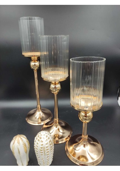 Bej Renkli Üçlü Şamdan Seti, Şık ve Zarif Dekorasyon Parçası