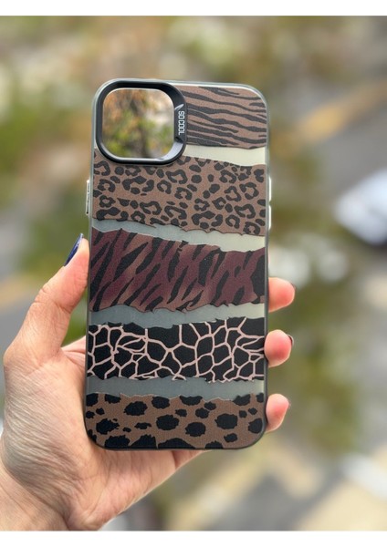 iPhone 11 Uyumlu Kılıf Leopar Desenli Kahverengi Çizgili Metalik Tuşlu Kamera Kenar Çıkıntılı Kapak modelleri