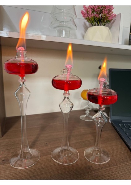 El Yapımı Cam Kandil 3'lü Set, Dekoratif ve Şık Kırmızı Tasarım