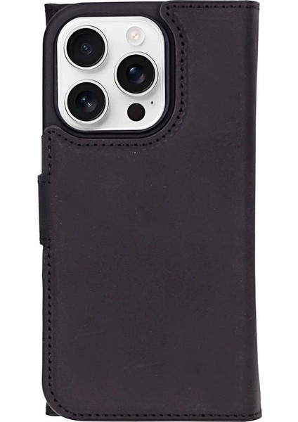 Apple iPhone 16 Pro Uyumlu, Hakiki Deri, El Yapımı, Cüzdanlı Kılıf, Mat Siyah