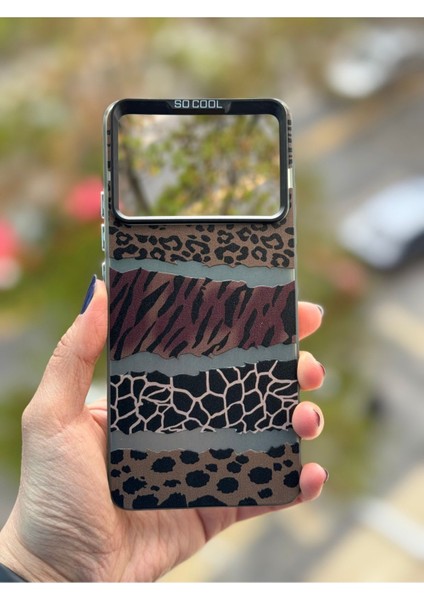 Poco X6 Pro Uyumlu Kılıf Leopar Desenli Kahverengi Çizgili Metalik Tuşlu Kamera Çıkıntılı Kapak modelleri