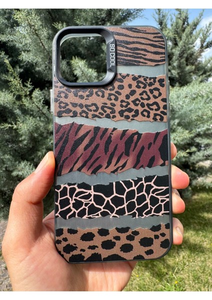 iPhone 13/14 Uyumlu Kılıf Leopar Desenli Kahverengi Çizgili Metalik Tuşlu Kamera Kenar Çıkıntılı