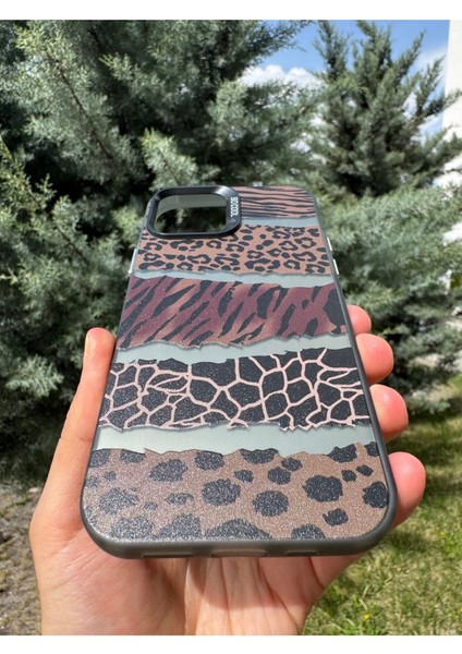 iPhone 13/14 Uyumlu Kılıf Leopar Desenli Kahverengi Çizgili Metalik Tuşlu Kamera Kenar Çıkıntılı modelleri