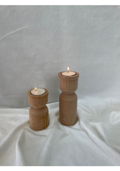 Bej Ahşap ve Beyaz Şamdan Seti, 2'li Tealight Mum Hediyeli