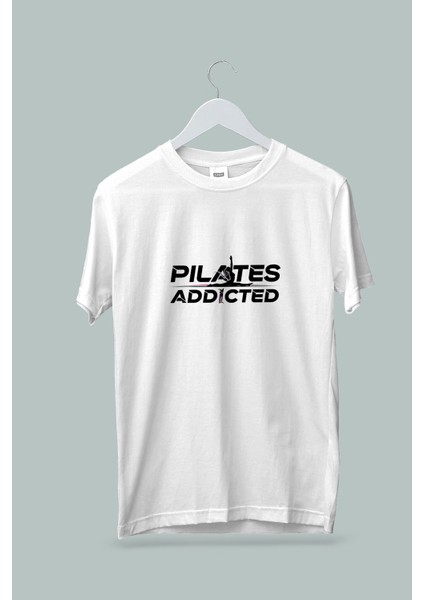 Kadın Erkek Unisex Yetişkin Pilates Addicted Baskılı Beyaz Gri Tshirt