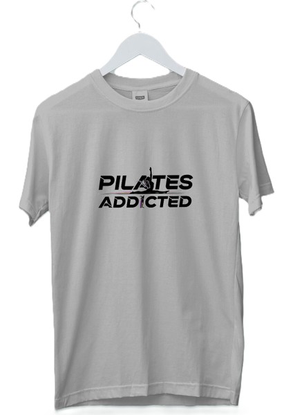 Kadın Erkek Unisex Yetişkin Pilates Addicted Baskılı Beyaz Gri Tshirt