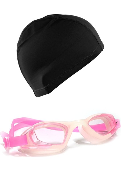 Yetişkin Silikon Yüzücü Gözlüğü ve Likra Yüzücü Bonesi Havuz Seti, Pembe