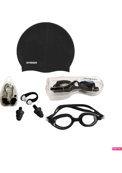 3'lü Unisex Havuz Seti, Yüzücü Gözlüğü, Bone, Kulak Burun Tıkacı, Siyah