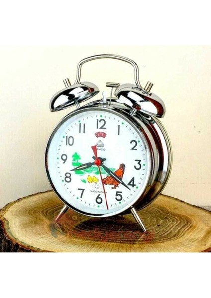 Kurmalı Nostaljik Tavuklu Oynar Başlıklı Metal Masa Saati, Beyaz