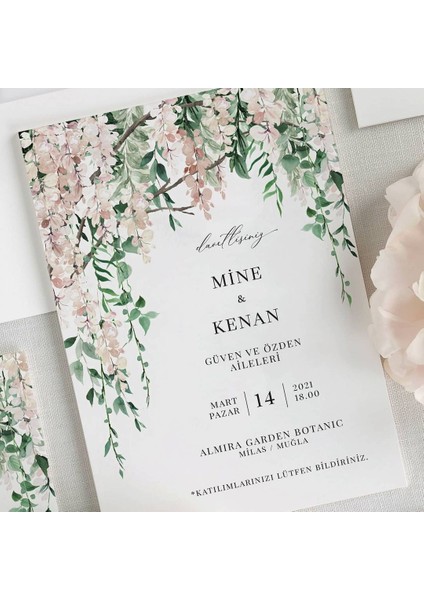 Botanik Şeffaf Zarflı Düğün Davetiyesi fiyatları