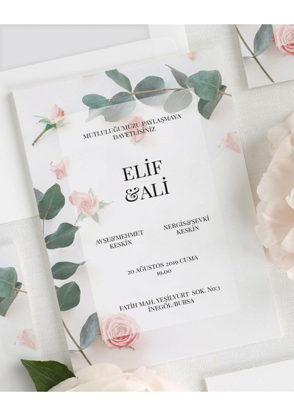 Kayra Şeffaf Zarflı Düğün Davetiyesi fiyatları
