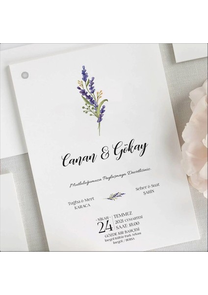 Lavanta Zarfsız Isimlikli Düğün Davetiyesi