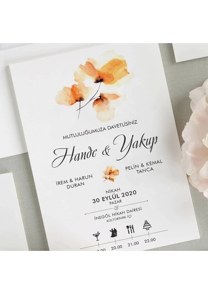 Sepya Zarfsız Düğün Davetiyesi