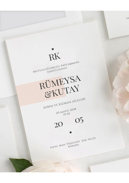 Zarıf Şeffaf Zarflı Düğün Davetiyesi modelleri