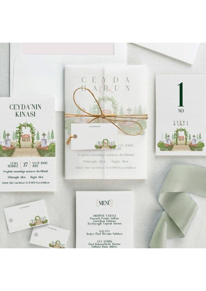 Çıçek Bahçesi Şeffaf Zarflı Düğün Davetiyesi