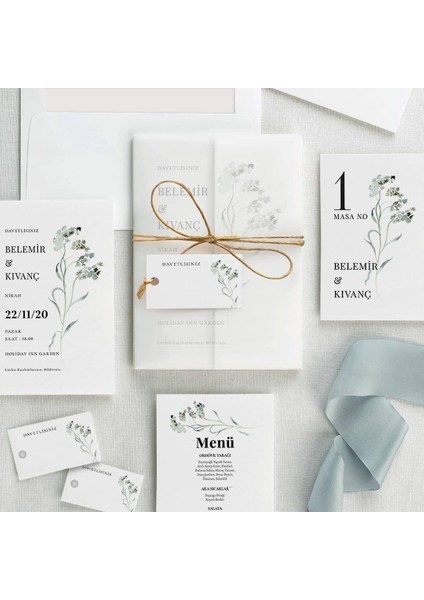Mint Şeffaf Zarflı Düğün Davetiyesi