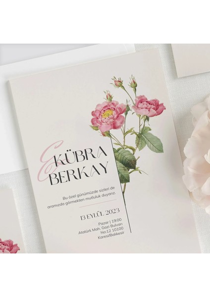 Gül Zarafetı Şeffaf Zarflı Düğün Davetiyesi modelleri