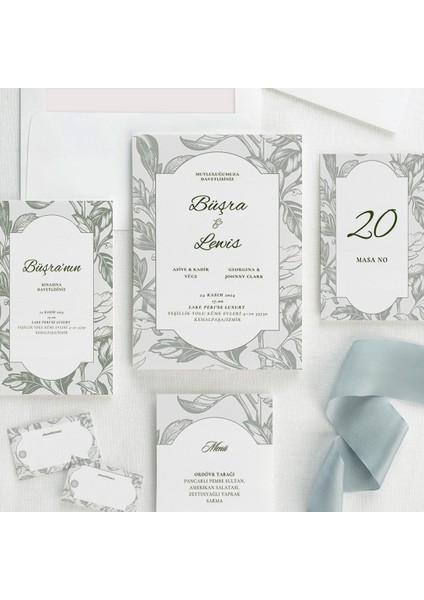 Mint Flower Şeffaf Zarflı Düğün Davetiyesi modelleri