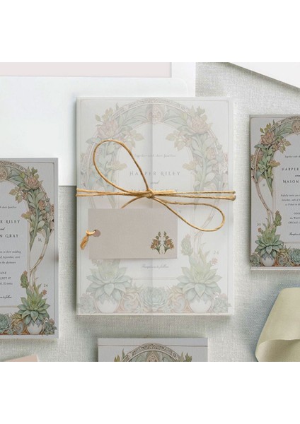 Sukulent Şeffaf Zarflı Düğün Davetiyesi