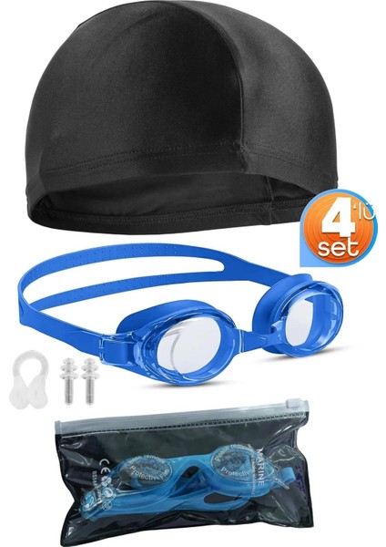 4'lü Yüzücü Gözlüğü Seti, Ayarlanabilir, Kulak ve Burun Tıkaçlı, Siyah Renk