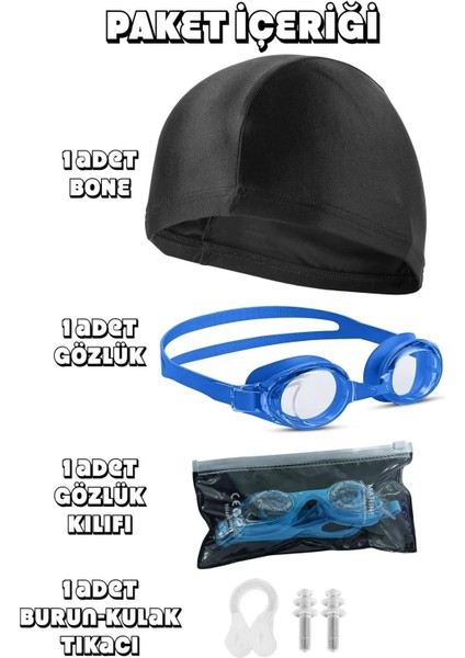 4'lü Yüzücü Gözlüğü Seti, Ayarlanabilir, Kulak ve Burun Tıkaçlı, Siyah Renk