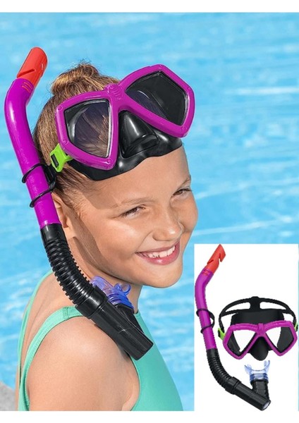 Çocuk Yüzücü Gözlüğü ve Şnorkel Maske Seti, 7- 14 Yaş, Mor Siyah