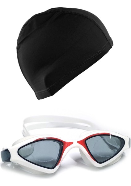 Yüzücü Gözlüğü ve Bone Seti, Beyaz- Kırmızı, Havuz Için Profesyonel, Konforlu ve Dayanıklı