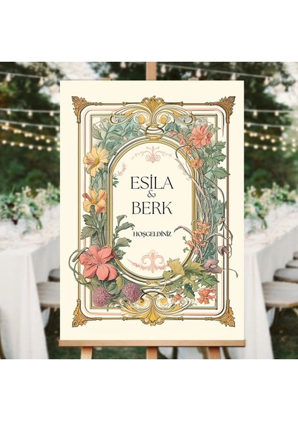Vıntage Çıçek Motıfı Düğün Salonu Karşılama Panosu