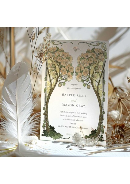 Elegant Floral Şeffaf Zarflı Düğün Davetiyesi