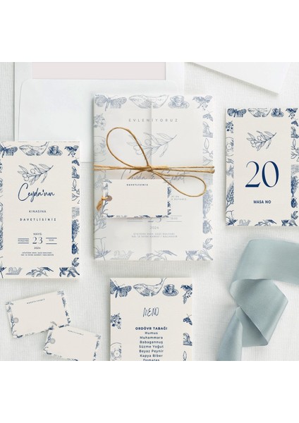 Blue Nostalgıa Şeffaf Zarflı Düğün Davetiyesi