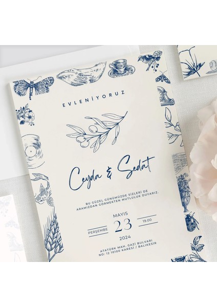 Blue Nostalgıa Şeffaf Zarflı Düğün Davetiyesi fiyatları