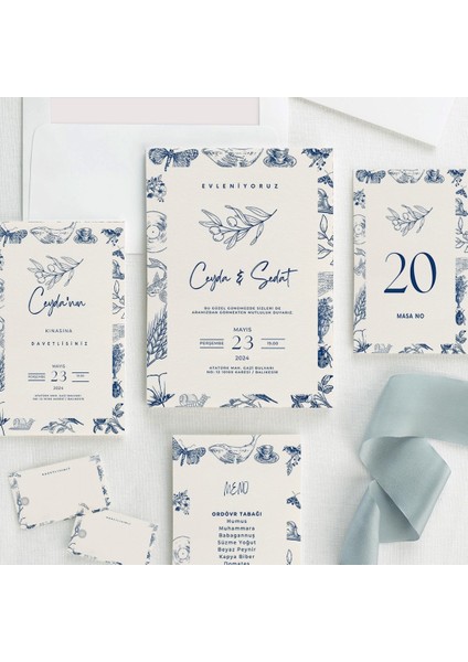 Blue Nostalgıa Şeffaf Zarflı Düğün Davetiyesi modelleri