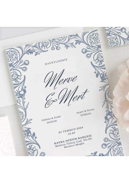 Blue Flower Şeffaf Zarflı Düğün Davetiyesi fiyatları