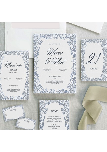 Blue Flower Şeffaf Zarflı Düğün Davetiyesi modelleri