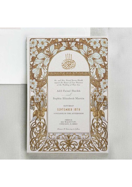 Golden Elegance Şeffaf Zarflı Düğün Davetiyesi