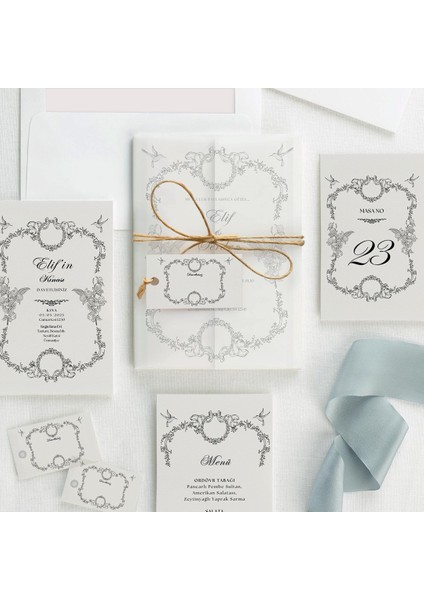 Barok Şeffaf Zarflı Düğün Davetiyesi