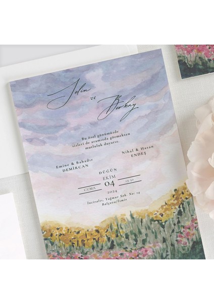 Autumn Watercolor Şeffaf Zarflı Düğün Davetiyesi fiyatları