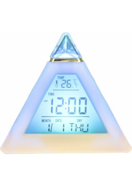 7 Renkli Dijital Piramit LED Çalar Saat, Alarm ve Termometreli Masa Saati