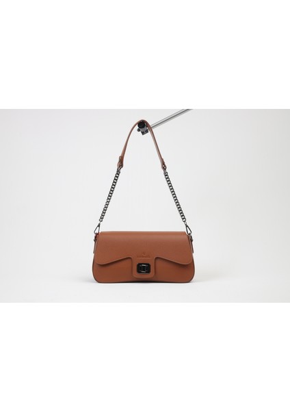 Zincirli Stil Deri Çanta - 40387 , Zincir Askılı ve Omuz Askılı , Taba Renk , Hakiki Deri