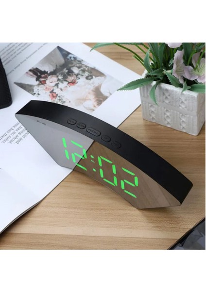 Kavisli Dijital Masaüstü Saat, Sıcaklık, Tarih, LED Işık, Usb, Aynalı, Alarmlı, Şık indirimleri