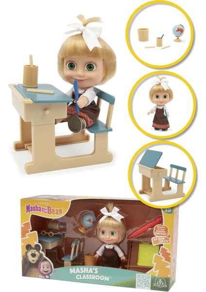 Masha & Koca Ayı 12 cm Masha Bebek ve Kalemli, Silinebilir Tahtası ile Okul Oyun Seti