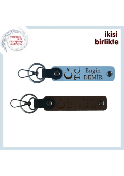 Ay Yıldız ve Tc Gücüyle Tasarlanmış – Kişisel Isimli 2’li Deri Anahtarlık Takımı, Gök Mavi-Kahve