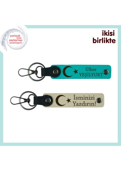 Kuzenine Ömürlük Bir Hatıra – Ay Yıldız ve Isimli 2’li Anahtarlık Takımı, Koyu Turkuaz-Sütlü Kahve