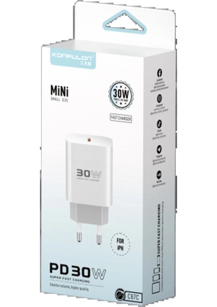 C87C 30W Type-C Çıkışlı Ekstra DL50 1m Type-C To Lightning Kablolu Pd Şarj Cihazı - Beyaz