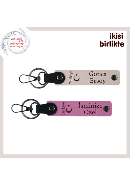 Evliliğin Gururu – Ayyıldız ve Türkiye Temalı Isim Yazılı Deri Anahtarlık Hediyesi X2, Pudra-Pembe