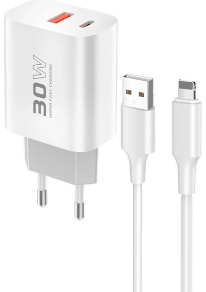 C89Q 1 Adet 30W Type-C ve 1 Adet 22.5W USB Çıkışlı Ekstra DL48 1m USB To Lightning Kablolu Pd Şarj Cihazı - Beyaz