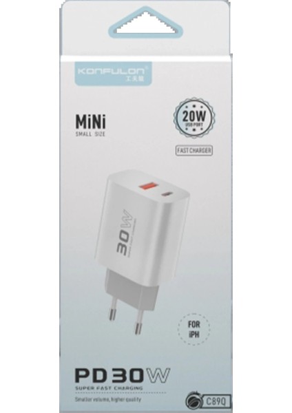 C89Q 1 Adet 30W Type-C ve 1 Adet 22.5W USB Çıkışlı Ekstra DL48 1m USB To Lightning Kablolu Pd Şarj Cihazı - Beyaz