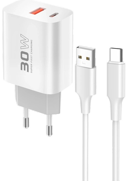 C89Q 1 Adet 30W Type-C ve 1 Adet 22.5W USB Çıkışlı Ekstra DL49 1m USB To Type-C Kablolu Pd Şarj Cihazı - Beyaz